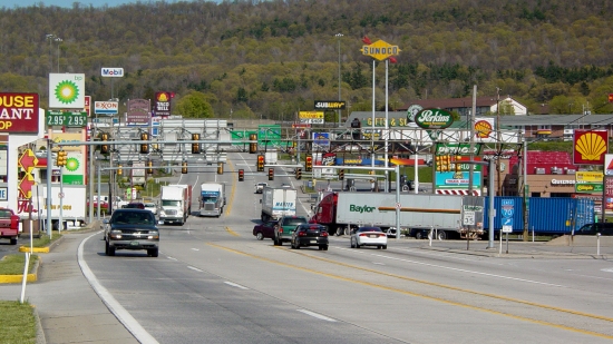 The Breezewood strip, viewed from the western end. This photo is on display at The Henry Ford, a museum in Dearborn, Michigan.
