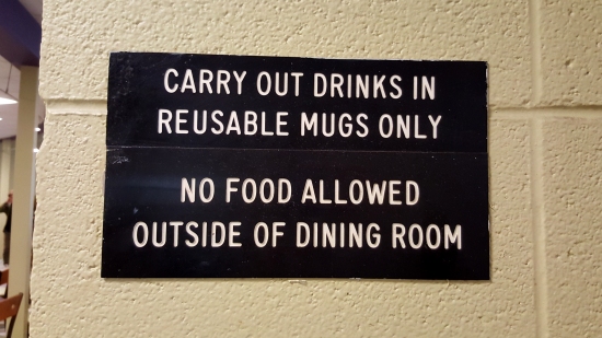 This sign was perhaps the only thing retained in the 2001 renovation, advising students that food was not allowed outside the dining room. Good to see that it still lives on (though not for much longer with the upcoming demolition).