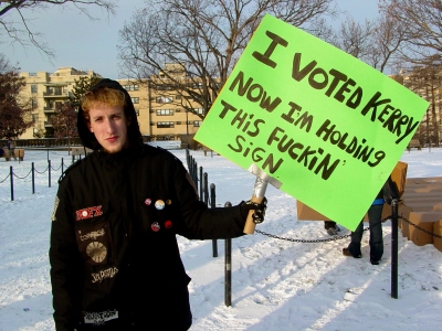 "I voted Kerry. Now I'm holding this fuckin' sign."