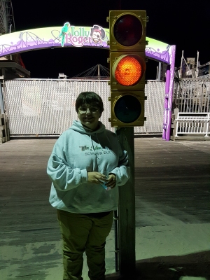 Elyse poses with the traffic light.