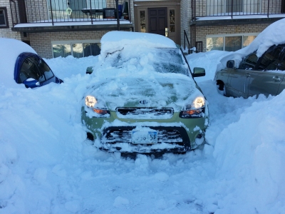 Getting the car warmed up in order to (A) help clear the windshield, as well as (B) wiggle it around a little bit to determine what else needs to be cleared in order to achieve forward movement.