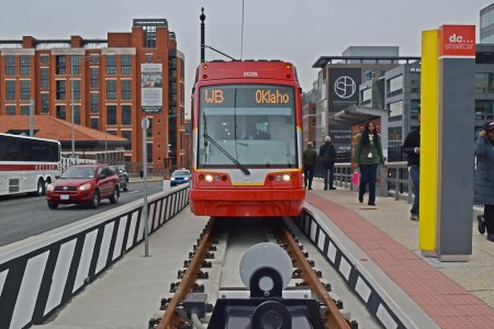 The end of the track on the Hopscotch Bridge, viewing the streetcar head-on.