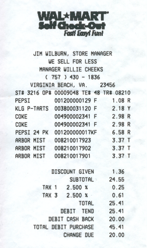 Walmart receipt from Virginia Beach, August 2005
