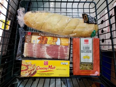 Pasta, generic Velveeta, bread, and bacon.