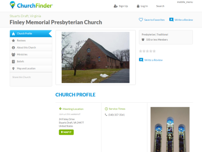 The ChurchFinder page for Finley Memorial Presbyterian Church