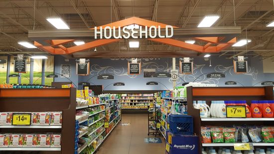 Chemicals and paper goods sections, under a "household" banner.