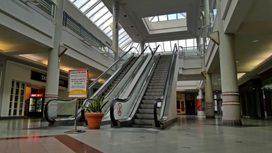 Escalators in the mall's northeast corner, viewed from the lower level.