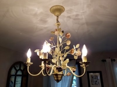 This chandelier is in the basement bedroom.  It's the AF Lighting 7050-6H "Ramblin' Rose" six-light chandelier, and it's certainly unique.