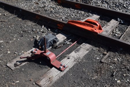 The derailer, set to guide any vehicle that crosses it off of the tracks