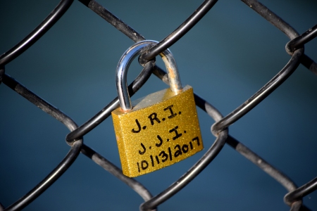 "Love lock" placed on the fishing pier.  Based on the date, this was placed four days prior to our visit.