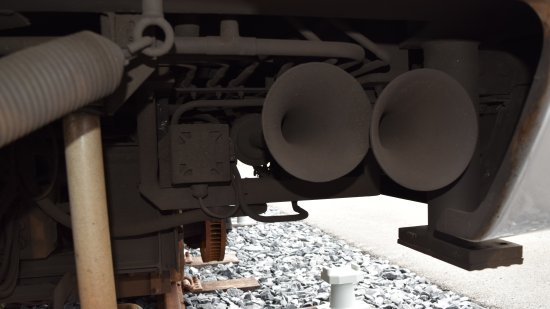 Horn assembly on car 4020.  The two things that look like horns are the traditional train horn, while that Wheelock 34T is a smaller horn used for other purposes.