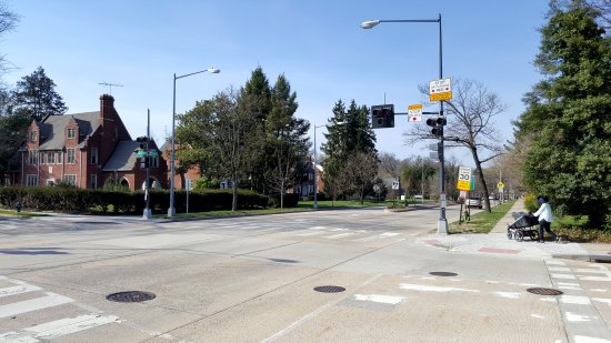 Overview of the intersection.  The HAWK beacon governs traffic on 16th Street NW.  Jonquil Street traffic has a stop sign.