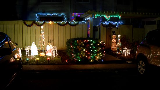 Over in Picton of Birlstone, which has back-to-back townhouses, this was the only display of note, with a manger scene on one side, a more secular display on the other, and some lights to bring it all together.