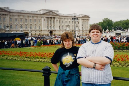 My sister and me in front of Buckingham Palace.