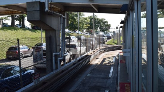 The roadway on the PRT system, at the Health Sciences Center station.  What looks like a guardrail is actually the "third rail".