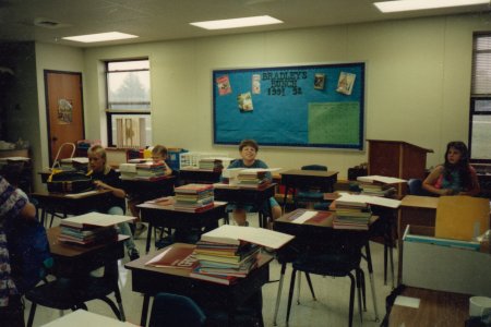 Mrs. Bradley's classroom for 1991-1992. The walls are bare, and that bulletin board didn't change the entire year.