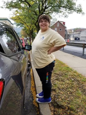 Elyse is all smiles in her Metro sweatpants as we prepare to do some elevator sightseeing.