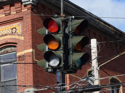 Four-way traffic light at the intersection of US 11 and NY 221 in Marathon.  It's very rare to see a traffic light as a single unit anymore, and it appears that this one is still being actively maintained.