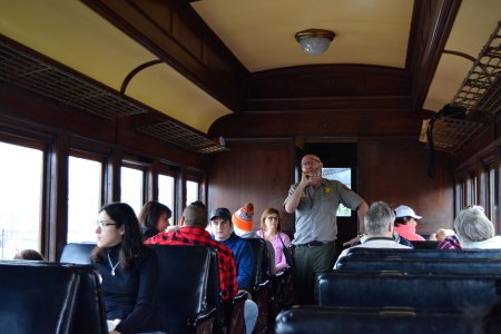 The interior of the vintage railcar that we rode on.