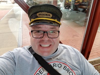 Wearing a "BRAKEMAN" hat