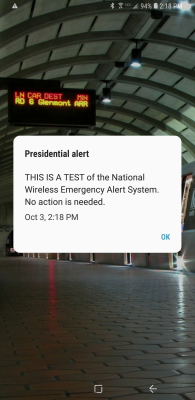 "Presidential alert: THIS IS A TEST of the National Wireless Emergency Alert System. No action is needed."