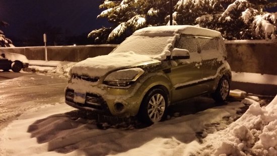 Waiting for me after work in March 2015, wearing snow from two different storms.