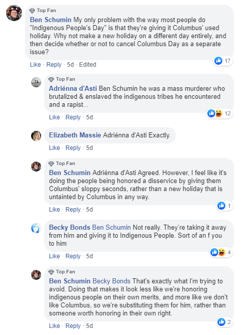 Discussion of the Columbus Day holiday on WHSV's page
