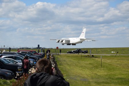 The Antonov An-124 comes in for a landing at BWI, viewed from the Thomas A. Dixon, Jr. Aircraft Observation Area.