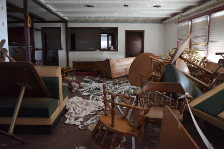 Restaurant interior, completely trashed.