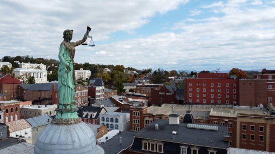 The statue on the Augusta County Courthouse, viewed from the side