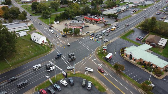 The intersection of 608 (top left to bottom right) and 340 (bottom left to top right). The Exxon and Dairy Queen are at the top of the photo.