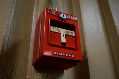 Fire alarm in a parking garage adjacent to Strawberry Square.