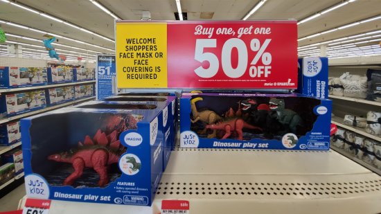 Endcap signage.  Note the sign about a face mask's being required in the store.
