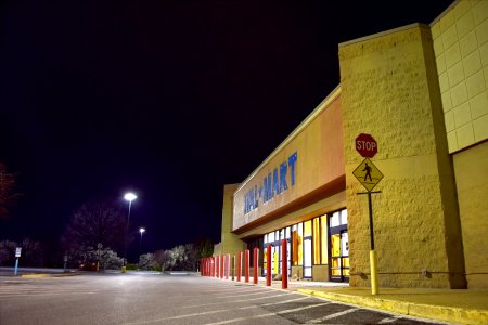 Ten two-second exposures of the former Leesburg Walmart, stacked with "summation" treatment and high contrast