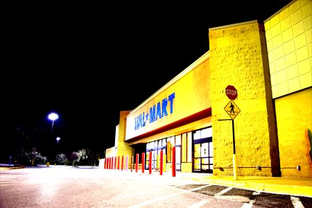 Ten two-second exposures of the former Leesburg Walmart, stacked with "summation" treatment and high contrast