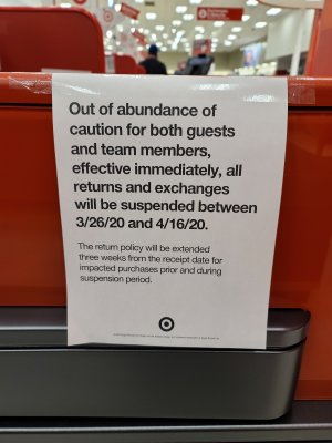 Target also suspended all returns.  I can only assume that the real reason is that they don't want all of the panic shoppers' items back.