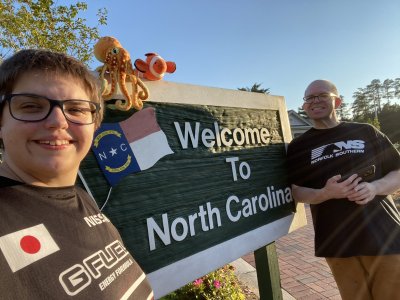 Group selfie at the North Carolina welcome center on I-95 southbound.  From left to right, there's Elyse, Woomy, David (a clownfish), and me.