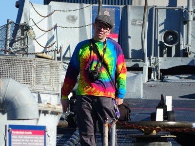 Walking down the deck of the Wisconsin.