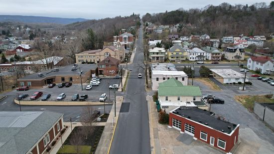 View from above the town hall, facing north up Jefferson Avenue.