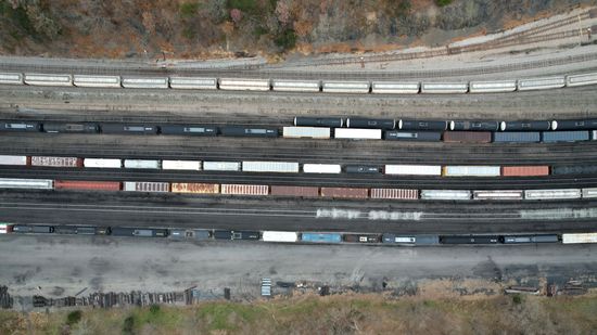 Trains on the tracks in the CSX yard.