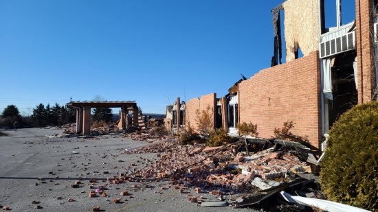 View down the front of the building, facing approximately west.