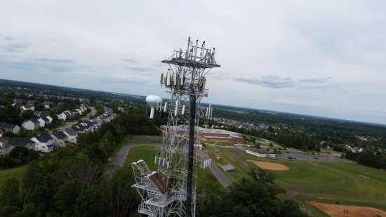 Former AT&T Long Lines tower in Manassas, while my drone was malfunctioning. Note the skewed angle.