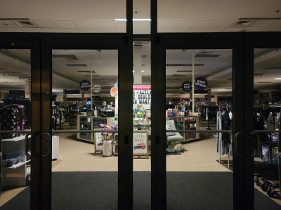 View through the front doors, with an Easter display immediately in front.