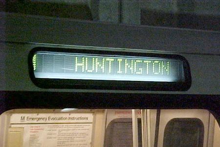 "HUNTINGTON" destination sign on a Breda 3000-Series car.