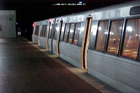 A train dwells on the platform at Franconia-Springfield before beginning a trip back to Addison Road station.