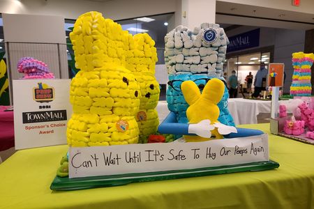 One of many cringeworthy pandemic-themed Peeps displays, this one captioned, "Can't wait until it's safe to hug our Peeps again."