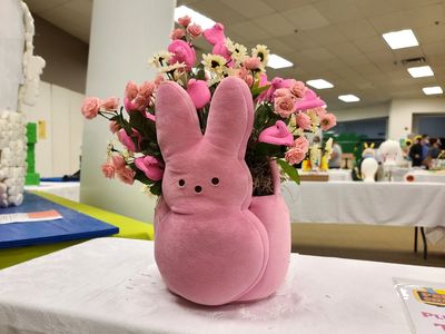 Floral arrangement, in a basket design to resemble bunny Peeps.