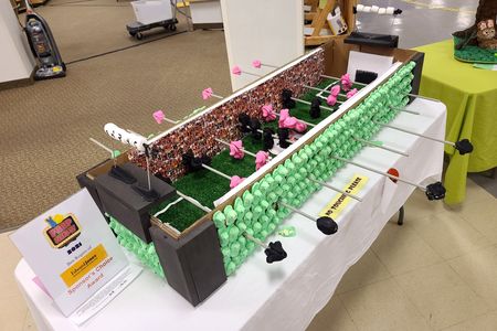 A foosball table made out of Peeps.