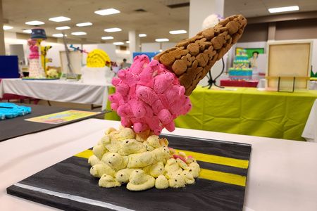 Ice cream cone, where the cone is made of bunny Peeps, and the ice cream is made out of chick Peeps.