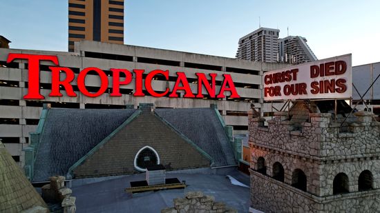 The sign for the Tropicana next to the Chelsea Baptist Church sign.  I considered it a nice juxtaposition of "the profane and the sacred".